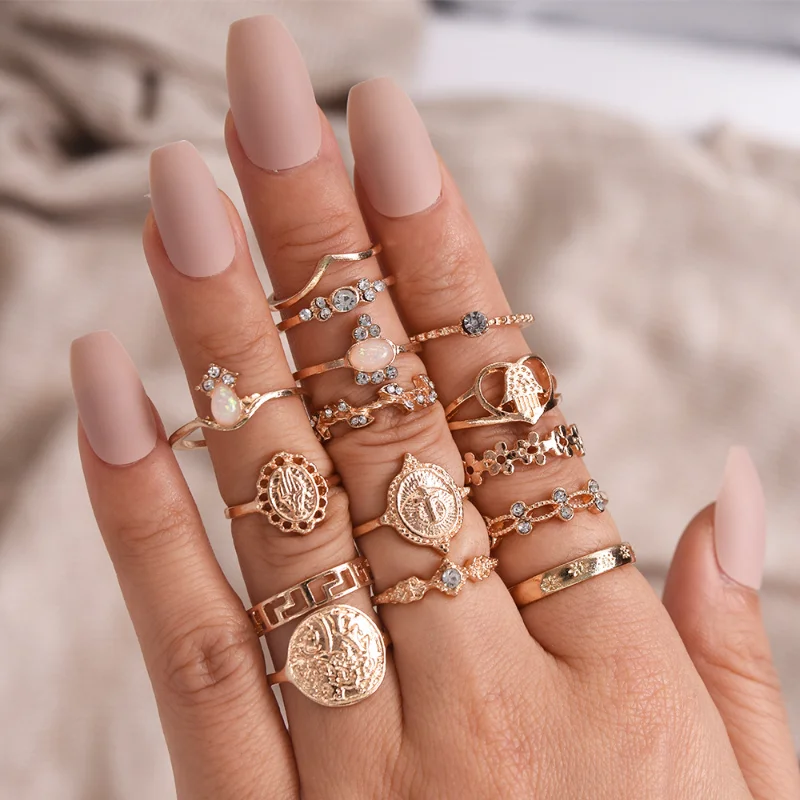 

Vintage Cross Gold Coin Ring Love Fashion Simple Alloy Fifteen Piece Set Women's Ring Set Jewelry