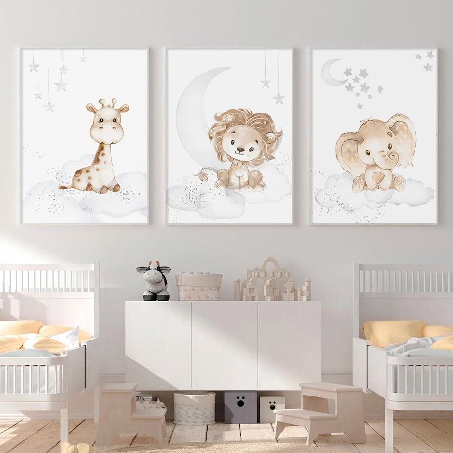 

Cartoon Lion Elephant African Animals Clouds Nursery Poster Print Canvas Painting Beige Wall Art Picture Baby Bedroom Decor