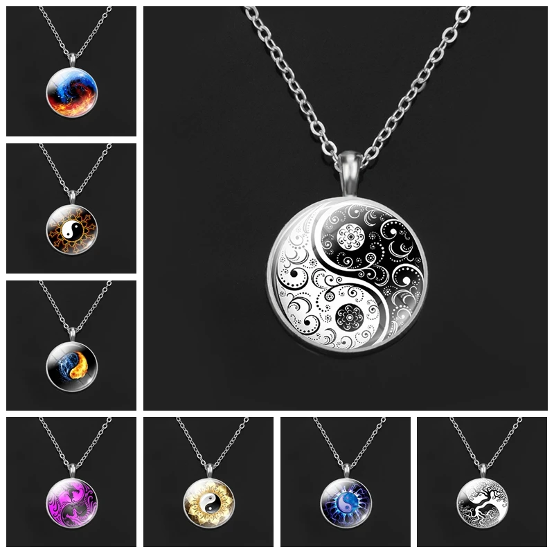 

Black White Gothic Yin Yang Necklace Glass Cabochon Pendant Yoga Zen Jewelry Birthday Christmas Gift for Yoga Lover Wholesale