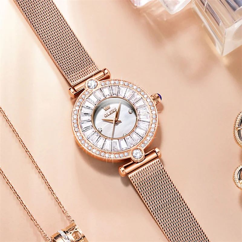 OLEVS модные кварцевые часы женские роскошные элегантные водостойкий сетчатый