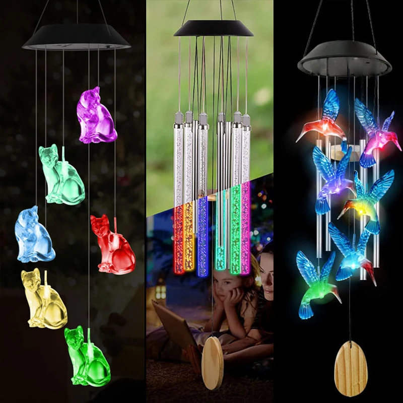 

LED Solar Hummingbird Wind Chime, 25" Mobile Hanging Wind Chime for Home Garden Decoration, Automatic Light Changing Color
