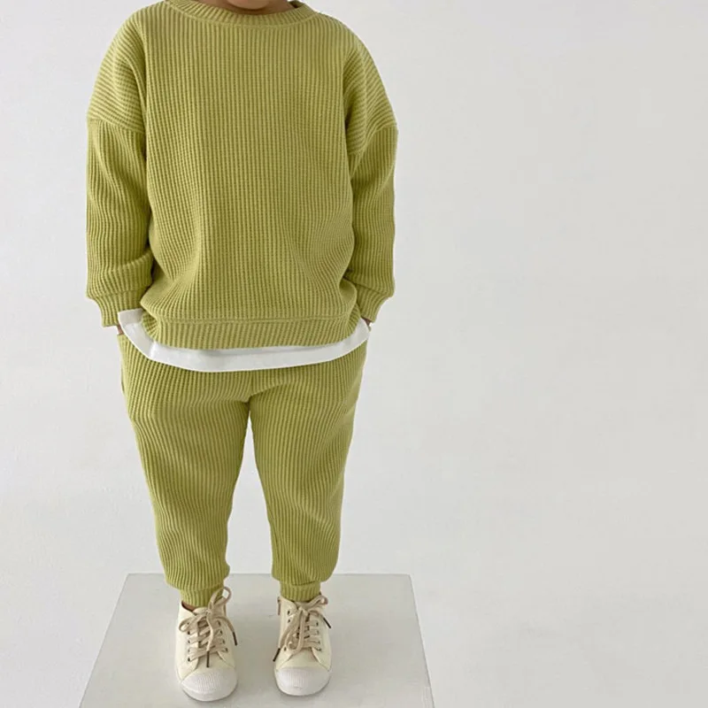

Корейский весенне-осенний комплект одежды для малышей из 2 предметов 2023, Хлопковые вязаные однотонные брюки-джоггеры, костюм, пуловер с круг...
