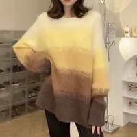 ladies color striped mohair sweater womens autumnwinter new style long sleeve fashion korean loose outer wear retro knit top