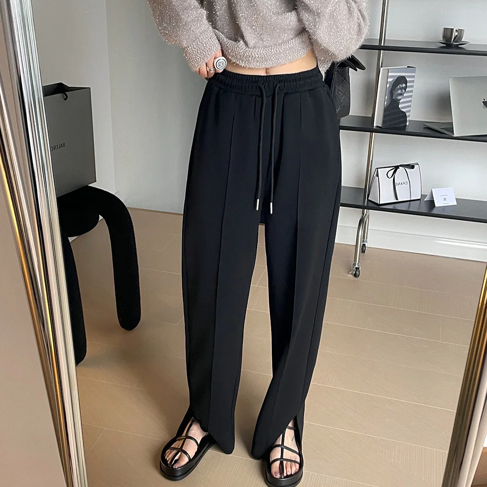 

Straight Split Casual Pants Women Korean Style Elastic Waist Slim Fashionable Sweatpants Gray Black Bottoms