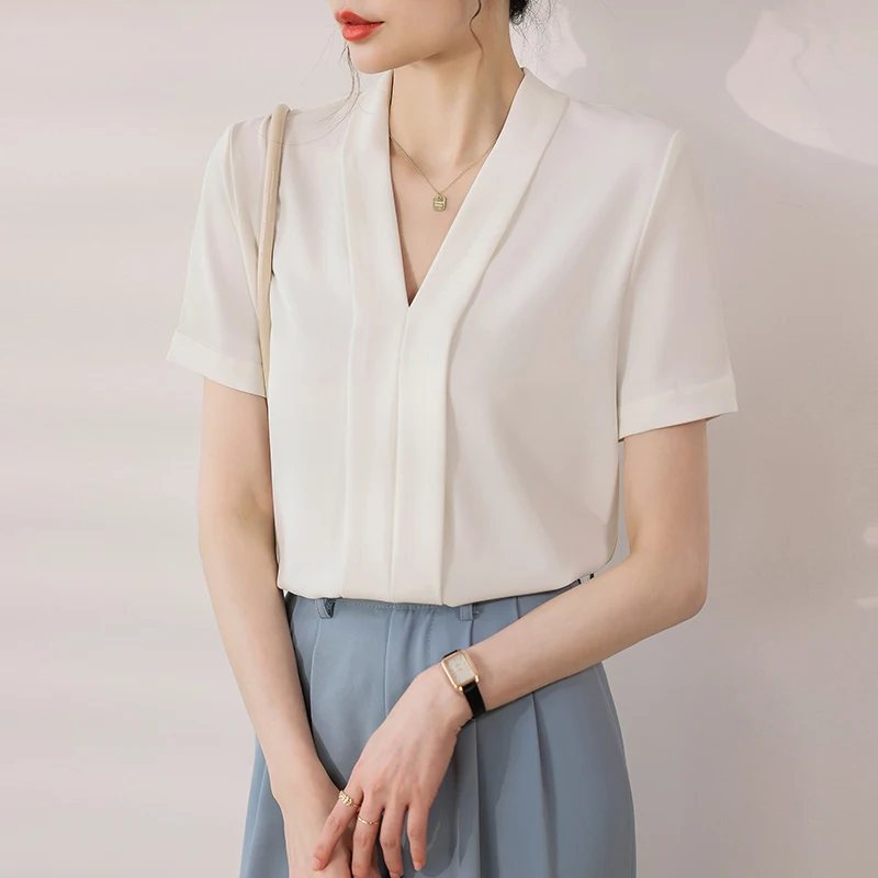 

solid color office lady chiffon shirts bottoming shirts Spring Summer short sleeve womans blouse New elegant tops blusa mujer