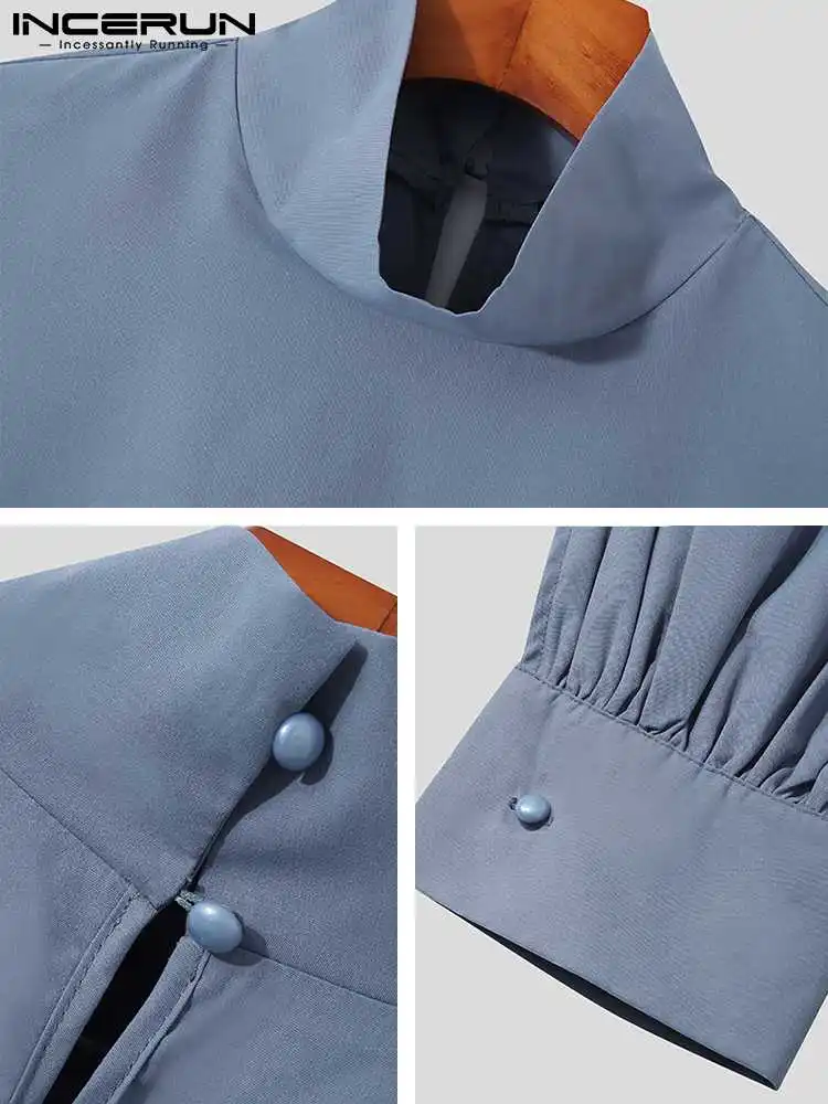 Stylish New Men Baggy Puff Sleeve Long Sleeved Shirts Handsome Well Fitting Solid Loose High Neck Blouse S-5XL INCERUN Tops 2022