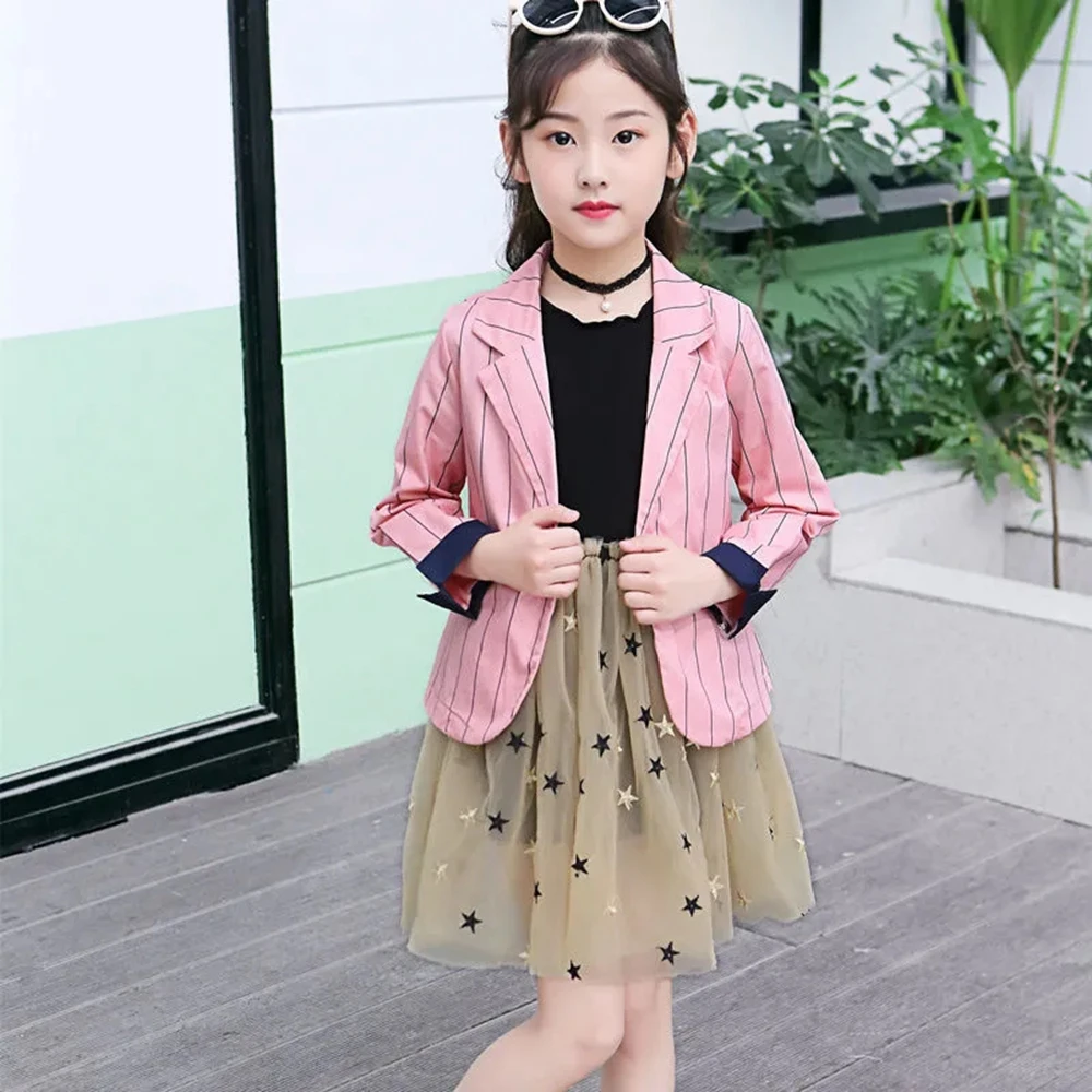 

Костюм для девочек 3-11, Корейский пиджак с длинным рукавом для начинающих ходить девочек, в полоску, 8 стилей, розовое летнее пальто, на весну и лето