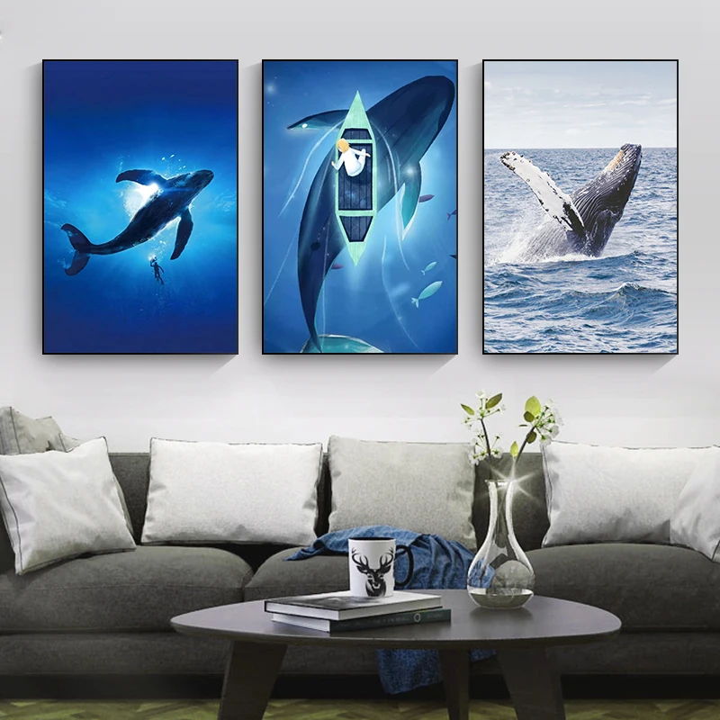 

Настенная Картина на холсте с изображением океана, Кита, рыбы, черепахи, акулы, Дельфина, детский плакат в скандинавском стиле, Настенная картина, домашний декор