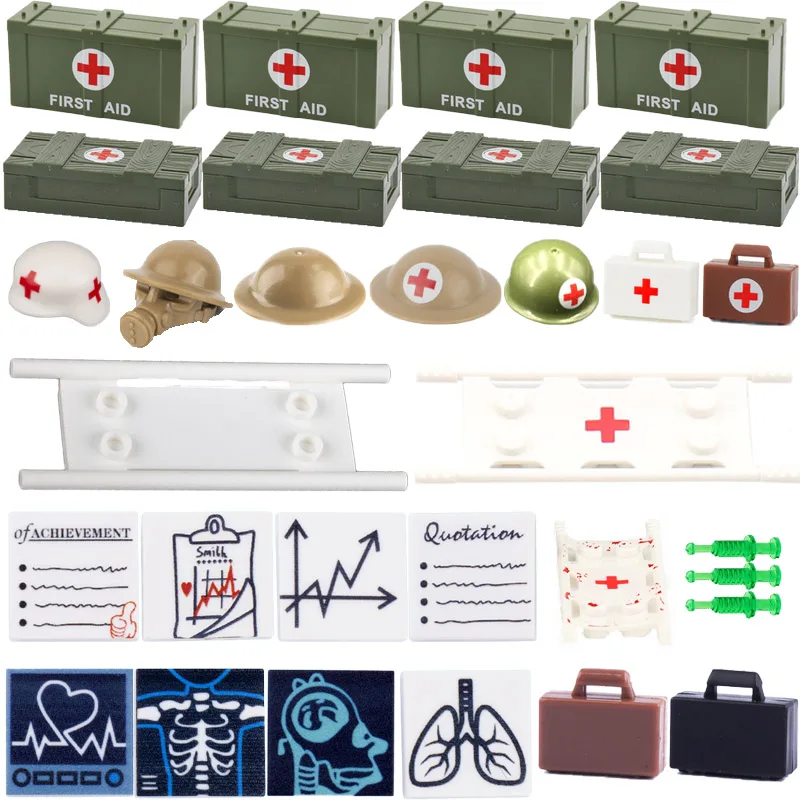 

Военные медицинские фигурки WW2, строительные блоки, шлем, шприц, сумка для растяжки, коробка для лекарств, аксессуары, армейские кирпичи, игр...