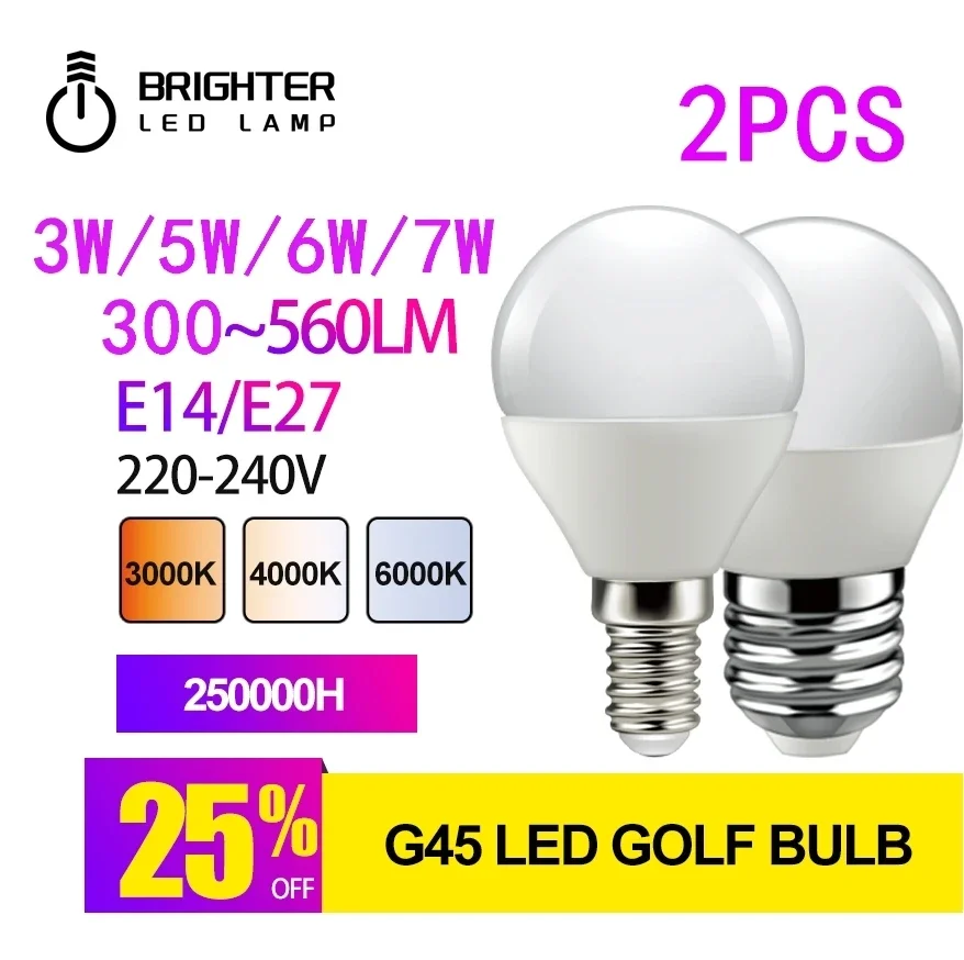 2 шт. ампула E14 E27 Lampada светодиодная лампа переменного тока 220 В G45 Bombillas 3 Вт 5 6 7
