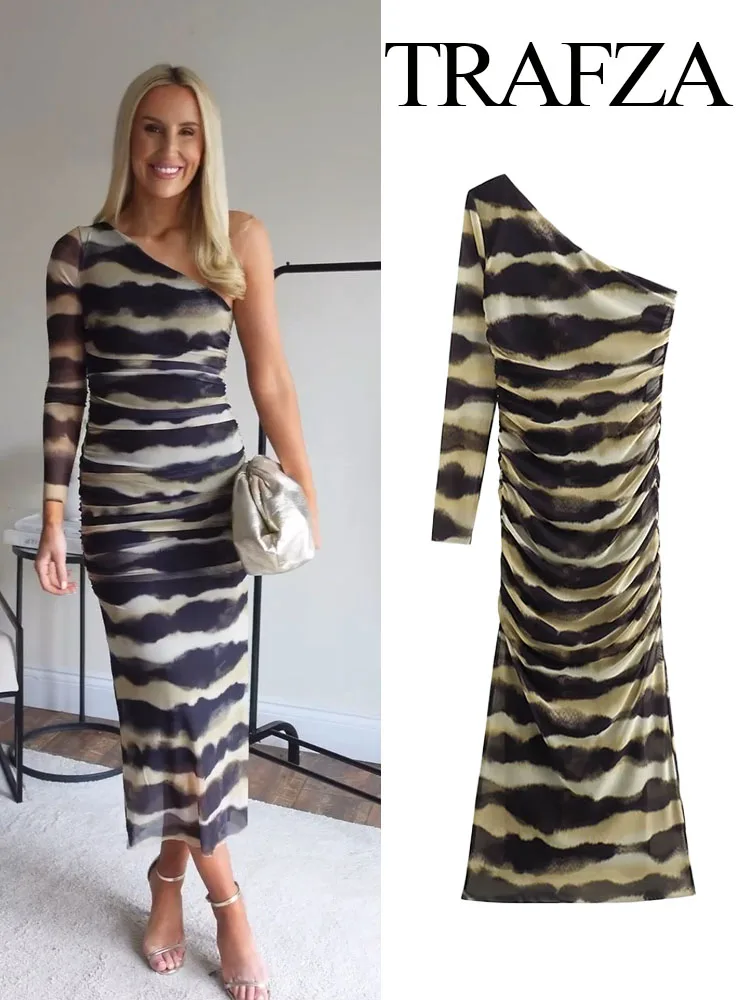 

TRAFZA Summer Tulle Women's Stripe Print Dress Fashion Knit Long Sleeves Asymmetric Pleated Robe Slim Fit Women's Midi Dress