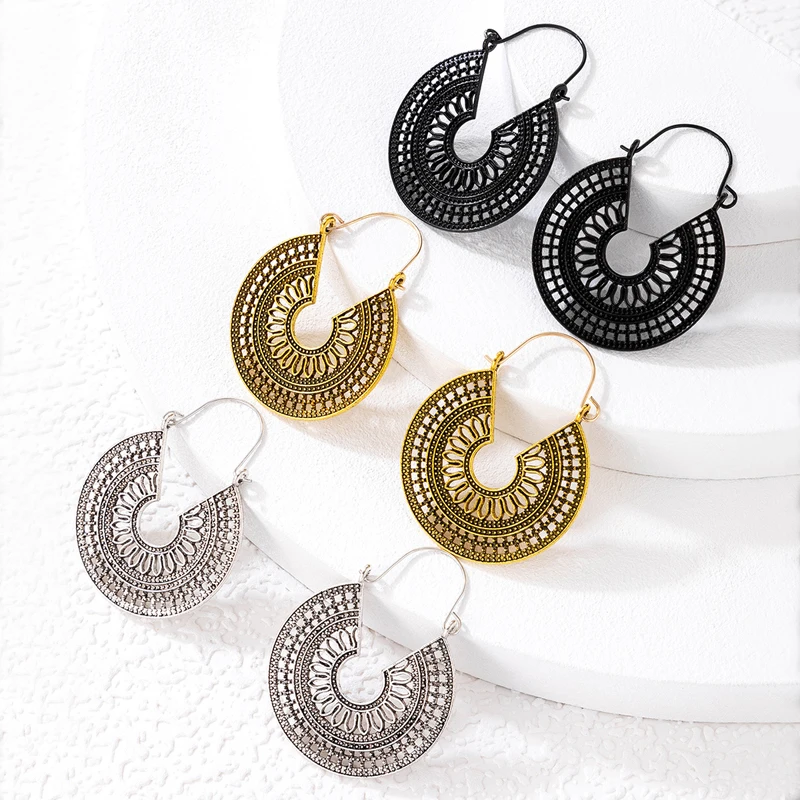 

Personality Vintage Antique Gold Black Silver Color Flower Metal Hoop Earrings Punk Alloy Earring Brincos for Women Jewelry