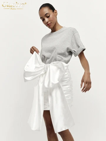Clacive Fashion Slim White Satin Women's Skirt 2025 Bodycon High Waist Mini Skirts Elegant Ruched Bow Skirt Female Clothing Clacive Fashion Slim White Satin Women's Skirt 2025 Bodycon High Waist Mini Skirts Elegant Ruched Bow Skirt Female Clothing
