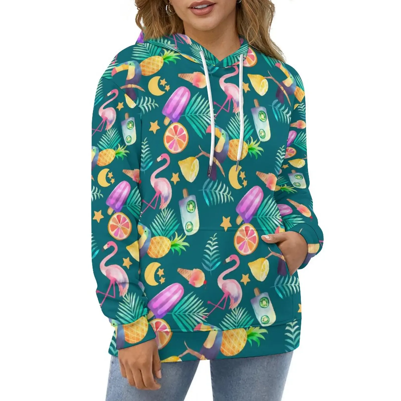 

Fun Tropical Birds Hoodies Long Sleeve Green Leaf Print Modern Casual Hoodie Spring Hip Hop Oversized Graphic Loose Sweatshirts