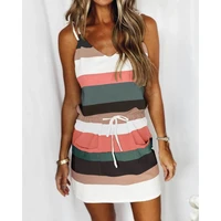 casual women striped print colorblock dress summer femme drawstring sleeveless mini dress lady v neck cami daily street wear