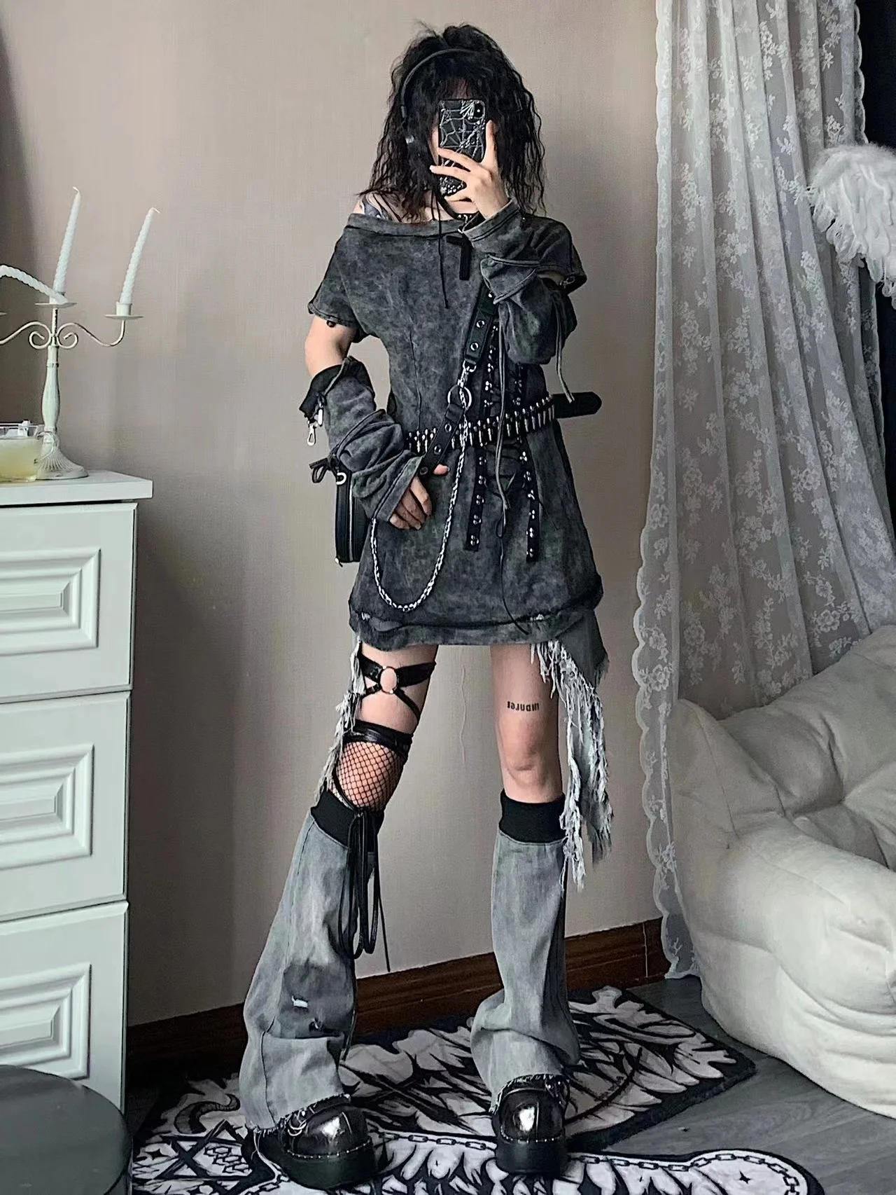 Облегающие эластичные джинсовые колготки до середины икры в стиле Азия культура