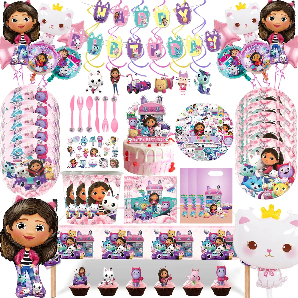 

New Gabby Dollhouse Cats Birthday Party Decorations Disposable Tableware Cups Balloons Backdrop Baby Shower Girls Party Supplies
