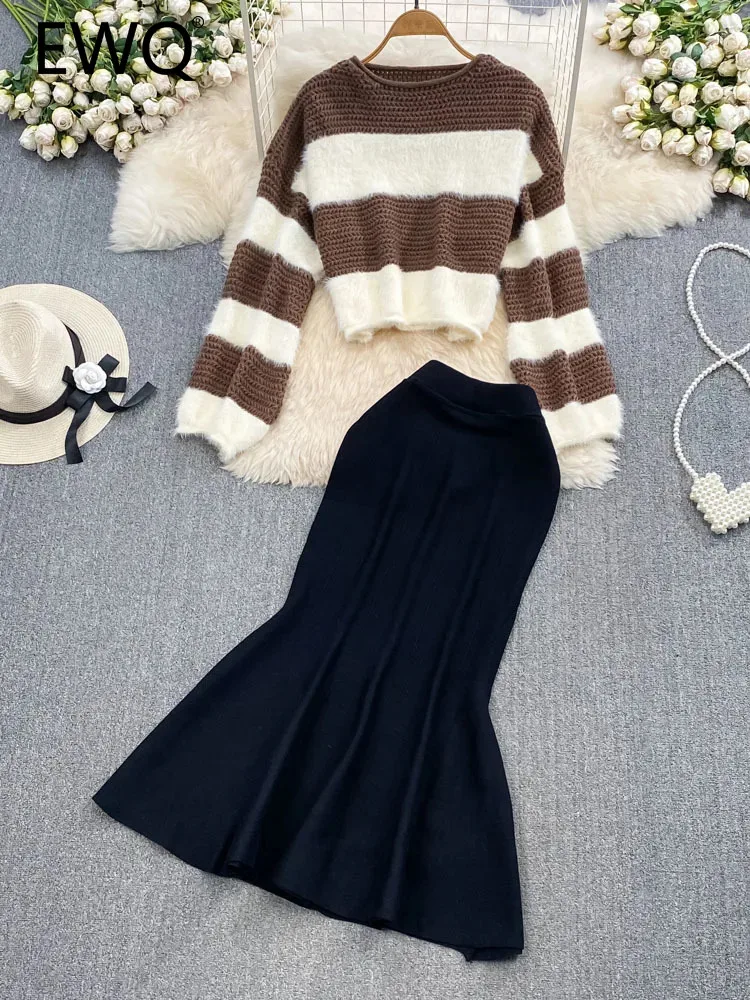 

EWQ милый повседневный комплект из двух предметов для женщин свитер в полоску O-neek + юбка рыбий хвост с высокой талией Осень-зима 2023 Новинка 27SN4556
