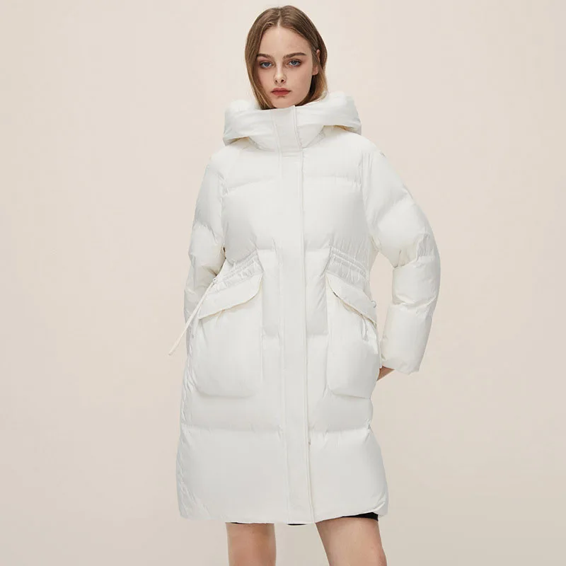Women Down Coat Winter White Duck Jacket Mid Length Hooded  Jackets Fashion Keep Warm Windproof Snap Zip Thick Cashmere Coats