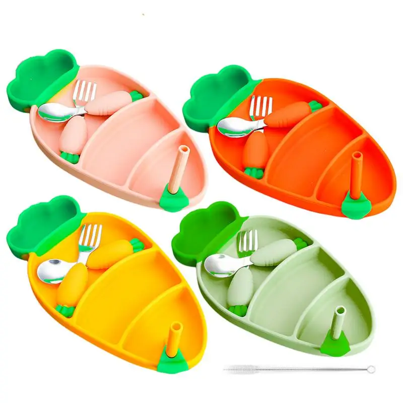 

Silicone Dinner Plate Set Anti slip Carrot Shape Suction Cup Compartmented Food Tray For Noodles home kitchen accessories
