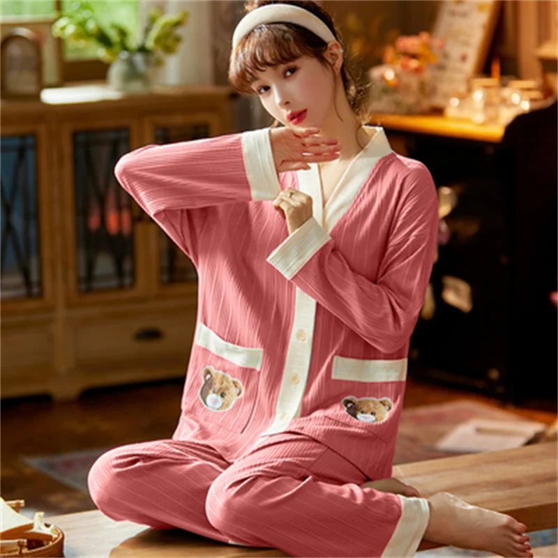 Sweet Pajamas Set Casual Cartoon Sleepwear For Women Elastic Pyjama Women's Autumn Fashion Homewear Clothes Big Size