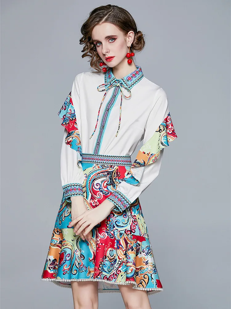 

Runway Fashion Vintage print Two Piece Set for Women Lapel Long Sleeve Shirt + Mermaid Skirt Sets 2 Piece Sets Outfits Female