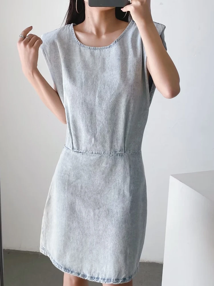 

A.D.EAST-Ladies fashion gray patchwork cowboy sleeveless dress summer fold collar recreational skirt-L02B2275755