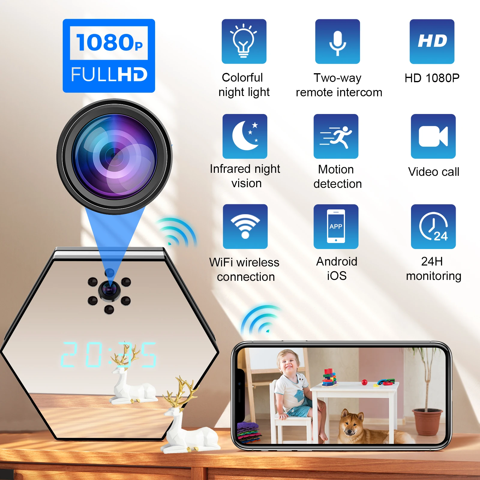Фото Мини-камера 4K HD с Wi-Fi, электронные часы, функция фотосъемки, двусторонняя аудиосвязь, инфракрасное ночное видение, камера для внутренней безопасности и видеонаблюдения №2