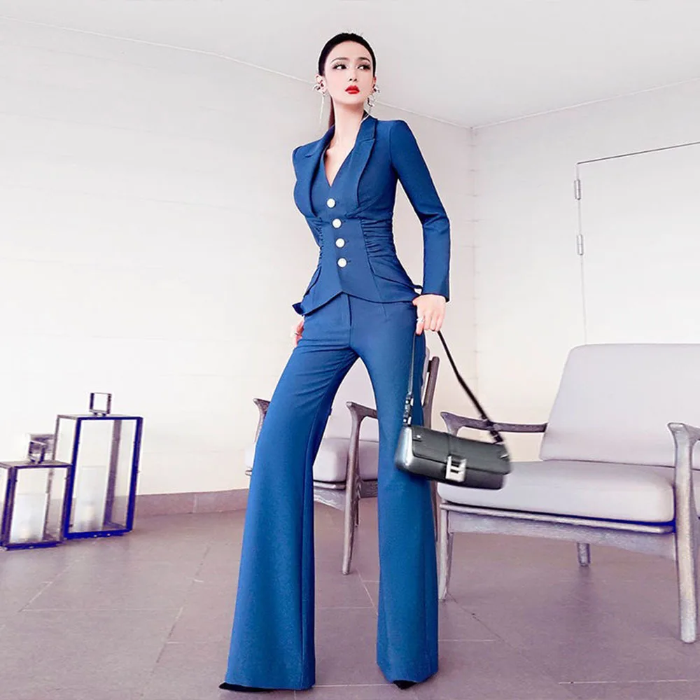 

Temperament Blue Two Piece Set For Women Notched Long Sleeve Sashes Blazer High Waist Wide Leg Pants Female Sets