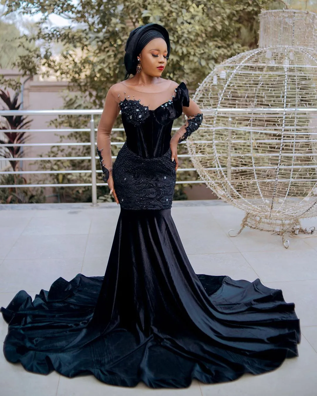 

Элегантное Черное атласное вечернее платье с длинным рукавом, кружевное платье с аппликацией из кристаллов, платье-Русалка на бретелях со ш...