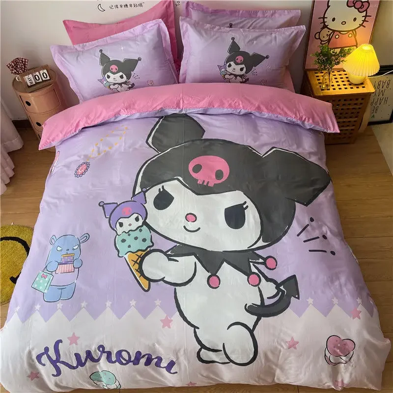 

Комплект постельного белья Sanrio Kuromi Cinnamoroll из чистого хлопка с мультяшным рисунком из четырех предметов, модное домашнее общежитие, Комплект постельного белья из трех предметов