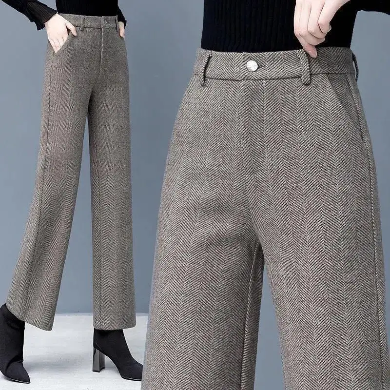 

Женские модные универсальные шерстяные брюки на осень и зиму, женские эластичные свободные полосатые повседневные прямые широкие брюки X06 с высокой талией
