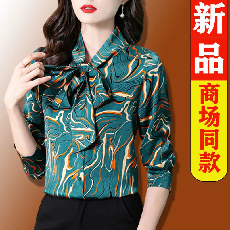 

Printed silk shirt women's long-sleeved 2022 autumn new elegant temperament bow top fashion western style v neck blouse shirt