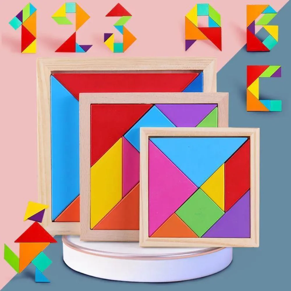 

Montessori Wooden Jigsaw Puzzle Tangram 7 Piece Puzzle Colorful Square IQ Game Brain Teaser Intelligent Education Toys for Kids