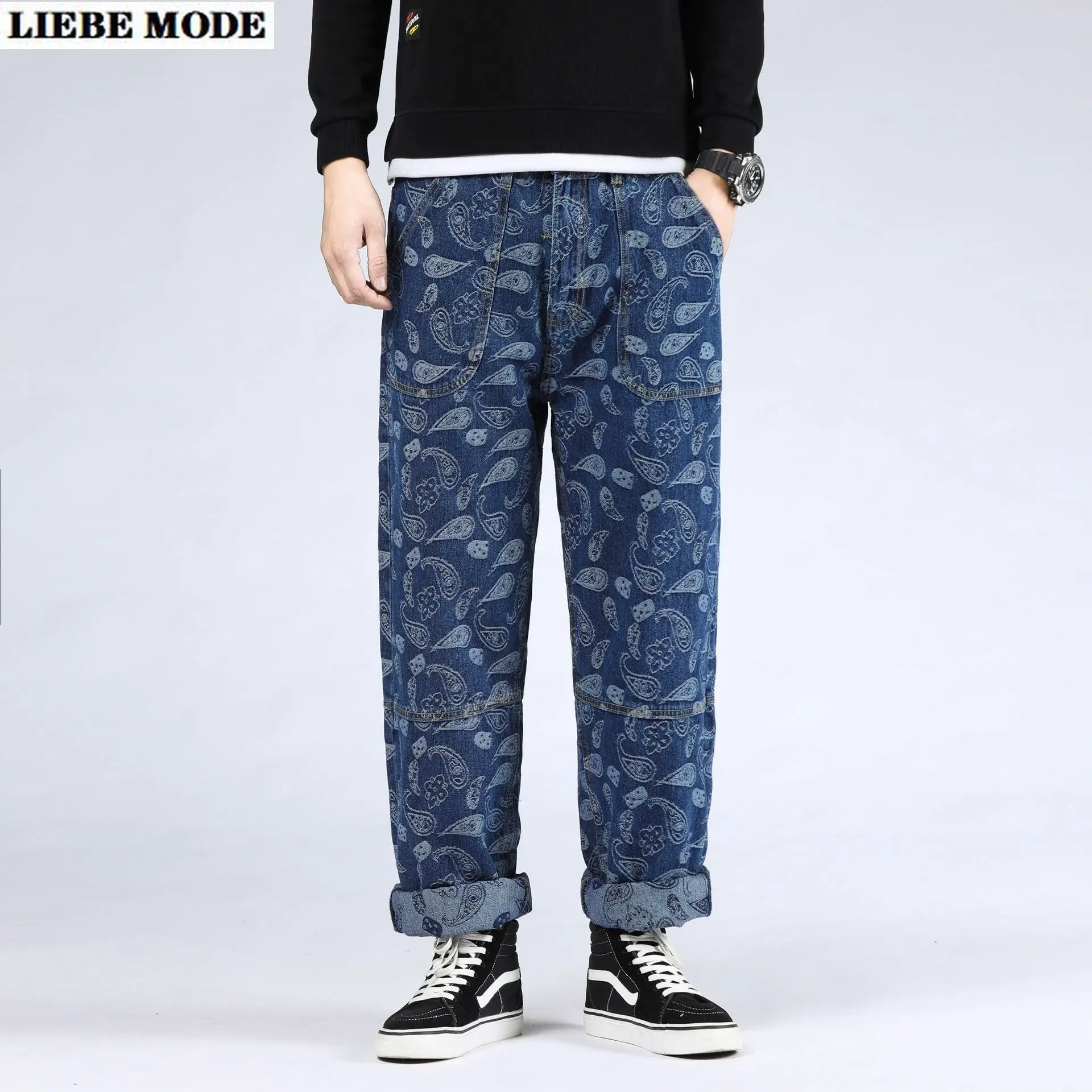 Oversize Loose Baggy Jeans Streetwear Hip Hop Print Jacquard High Waist Denim Pants Men Plus Size Cotton Straight jeans Trousers