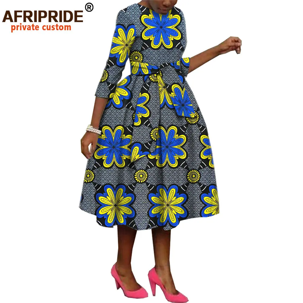 

Africa Ankara Print Spring Dress for Women AFRIPRIDE Three Quarter Sleeve mid-calf Length fit & Flare Women Dress A1825090