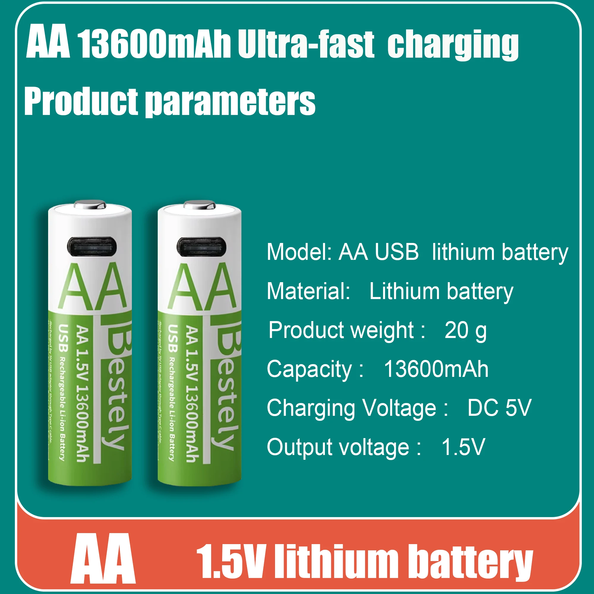 Фото Перезаряжаемая батарея AA 13600 мАч, USB 1,5 В, литиевая ручка с блокировкой отпечатков пальцев большой емкости для мыши, может быть быстрая зарядка №3