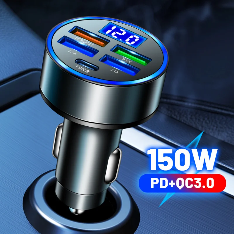 

150W Car Charger PD USB Type C QC3.0 Fast Charging Phone Adapter for IPhone 13 Pro Xiaomi Huawei Samsung