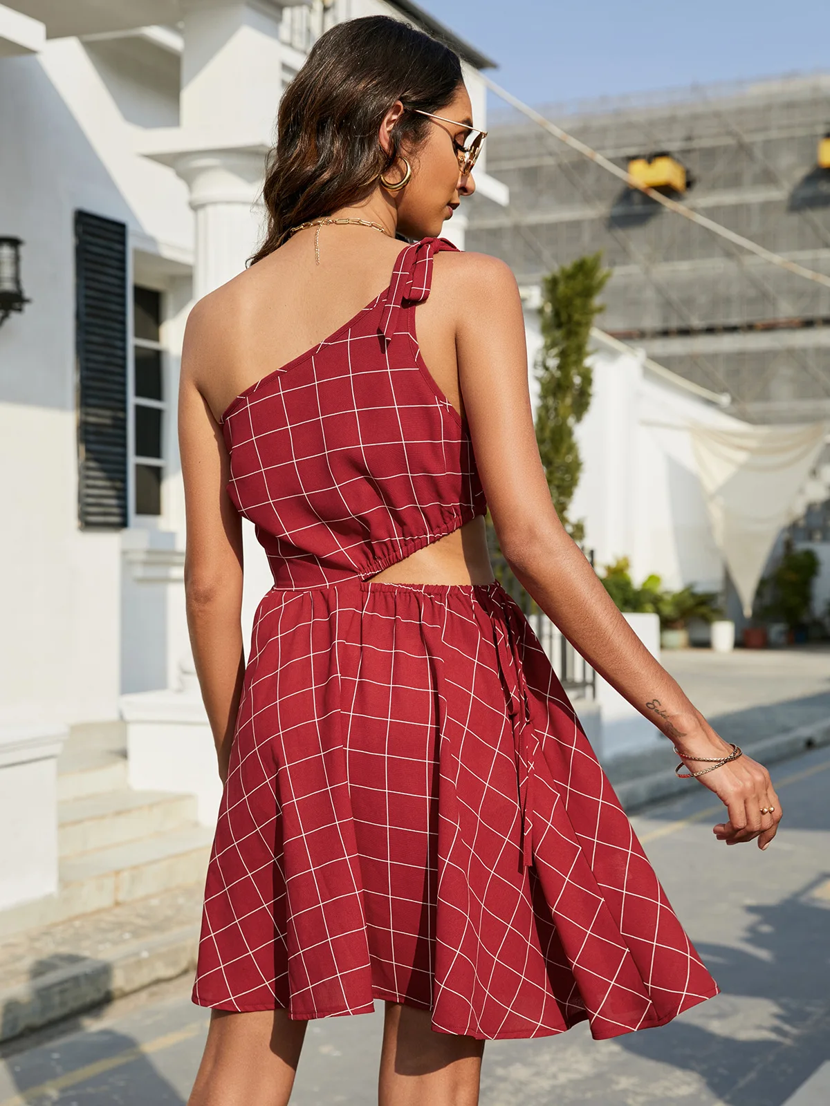 2022 summer women's new plaid slanted shoulder strap hollow elastic waist dress Elegant Chic Sleeveless Mini sexy woman dresses |