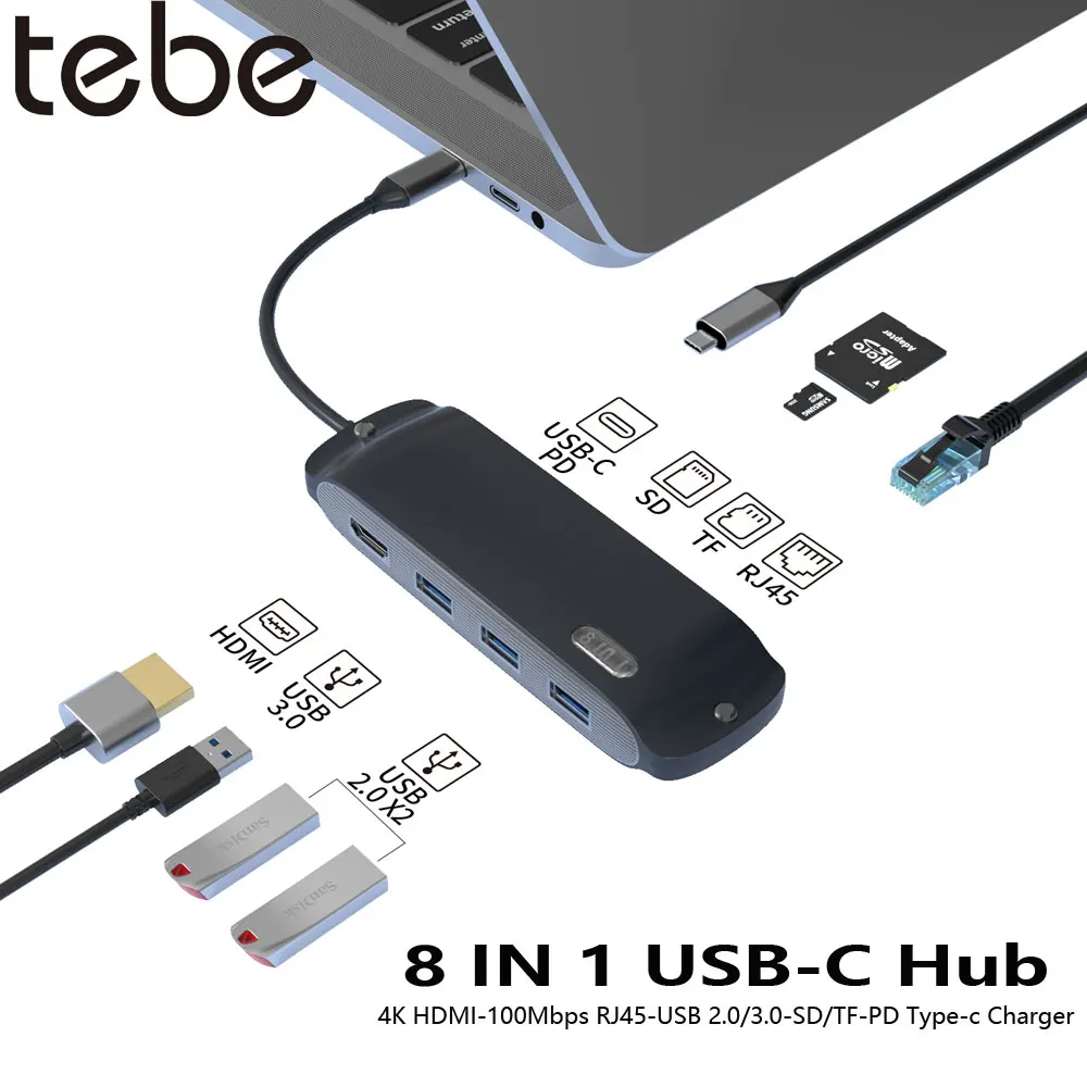 

USB-концентратор Tebe 8 в 1 с Type-C на 4K HDMI-совместимый RJ45 Ethernet Lan USB 2,0/3,0 SD TF-кардридер адаптер с зарядным устройством 100 Вт PD