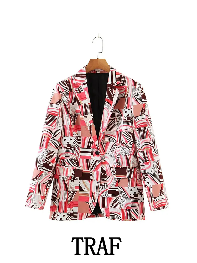 

TRAF ZA&ree 2022 Women Printed Blazer Fashion Coat Vintage Long Sleeve Flap Pockets Single Button Chic Women Causal Blazer