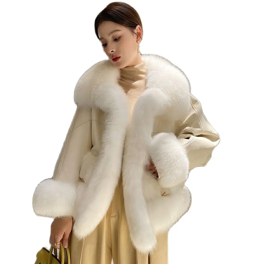 Women Real Fur Coat Autumn Winter Fashion Thick Warm Fox Fur Collar Patchwork Sheepskin Double-faced Fur Jacket Loose Outerwear
