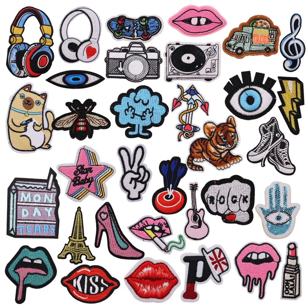 Smoke Guitars Headphones Dog Lips Tape Embroidery Patches