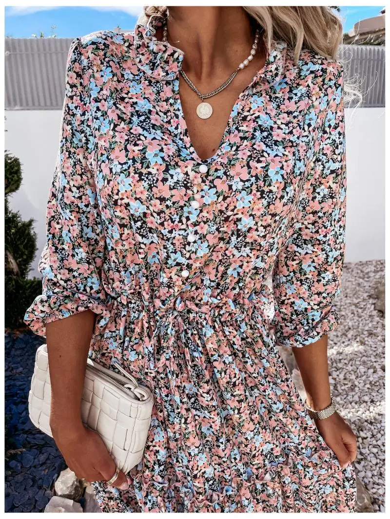 

2022 Summer Women Vintage Dress High Waist Ruffle Lady Casual Sexy V-Neck Elegant Floral Print Puff Sleeve Female Dress Clothes