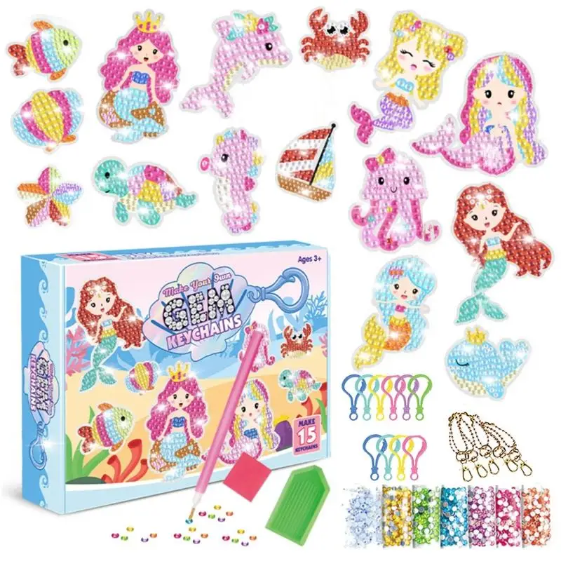 

Y4UD 15 Pack Diamonds Painting Keychain DIY Arts and Crafts Kits for Kids and Adult Beginners Mermaids Marine Animals