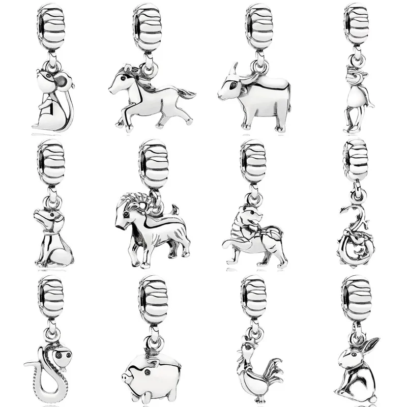 

Real Chinese Twelve Zodiac Snake Hanging Rabbit Buddy Dog Pendant Bead 925 Sterling Silver Charm Fit Europe Bracelet Jewelry
