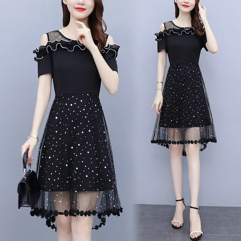 

Сексуальные сетчатые черные платья в стиле пэчворк для женщин, лето 2022, женское платье трапециевидной формы для дня рождения, коктейля, своб...