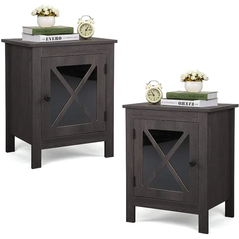 

Rustic Wooden Nightstand with Glass Door, 2-Pack End Table Sofa Table Side Table, Dark Grey
