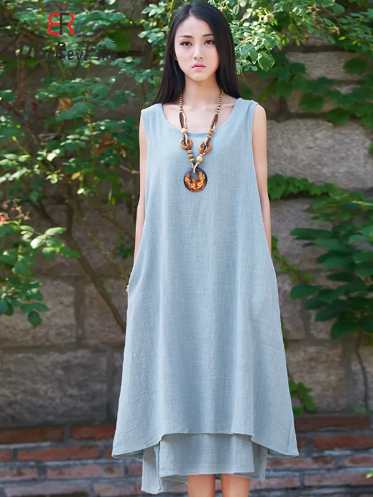 

Casual Cotton linen Dresses Women Summer New Sleeveless O-Neck Oversized Midi long dress Lace Up Strap Women's Tank Top Dress