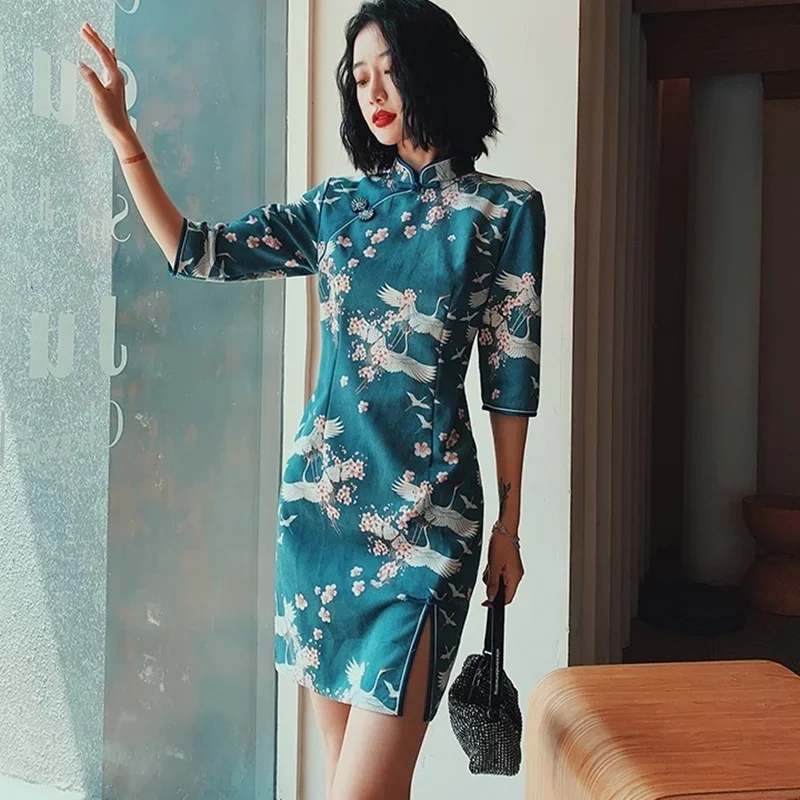 Китайское платье-Ципао с принтом журавлей традиционное китайское платье осенняя